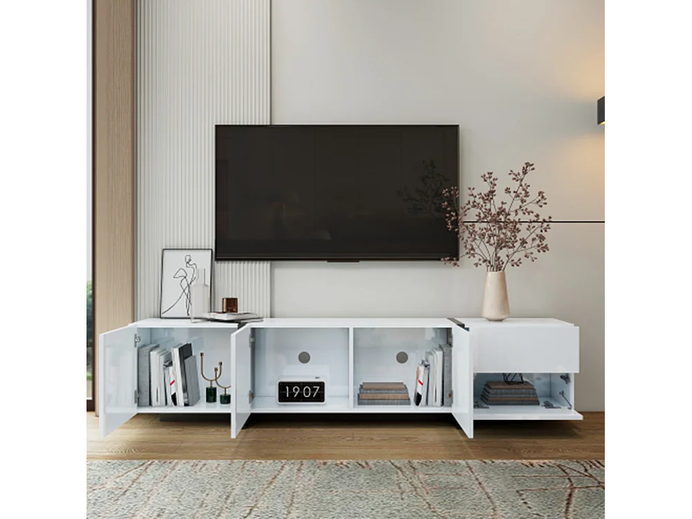 TV-Schrank, Lowboard,TV-Ständer Hochglanzschrank abgesetzte Tischbeine, mit schlichten Schranktüren und Schubladen