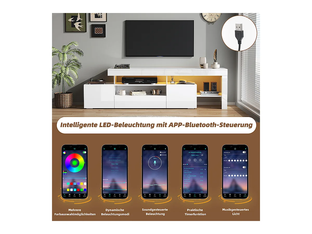 TV-Schrank mit LED und 3 Schränke TV-Tisch TV-Ständer für Fernseher um 85 Zoll 192*37*53cm Weiß