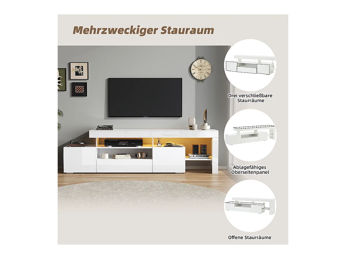 TV-Schrank mit LED und 3 Schränke TV-Tisch TV-Ständer für Fernseher um 85 Zoll 192*37*53cm Weiß