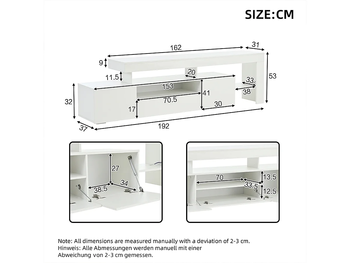 TV-Schrank mit LED und 3 Schränke TV-Tisch TV-Ständer für Fernseher um 85 Zoll 192*37*53cm Weiß