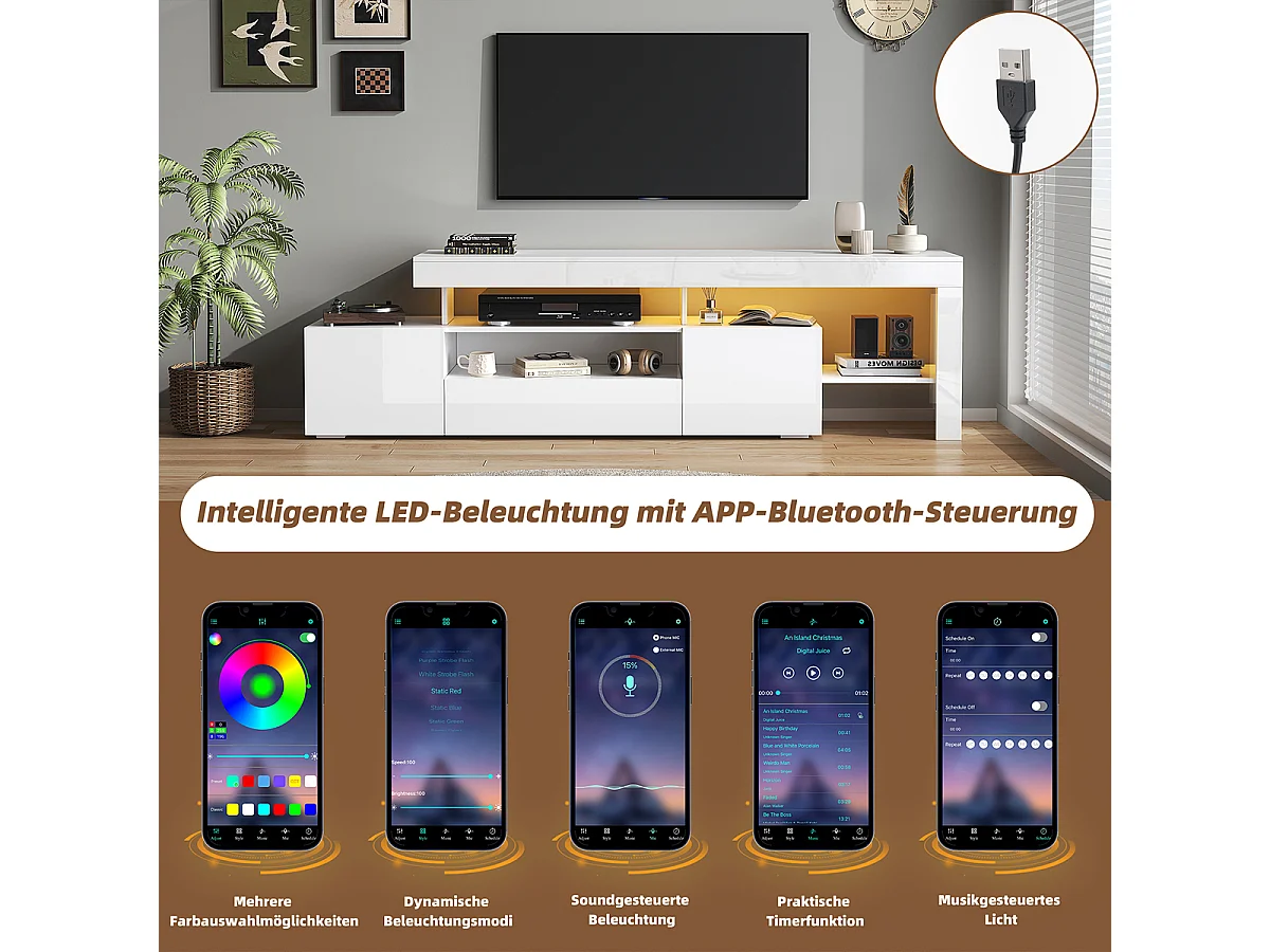 TV-Schrank mit LED und 3 Schränke TV-Tisch TV-Ständer für Fernseher um 85 Zoll 192*37*53cm Weiß