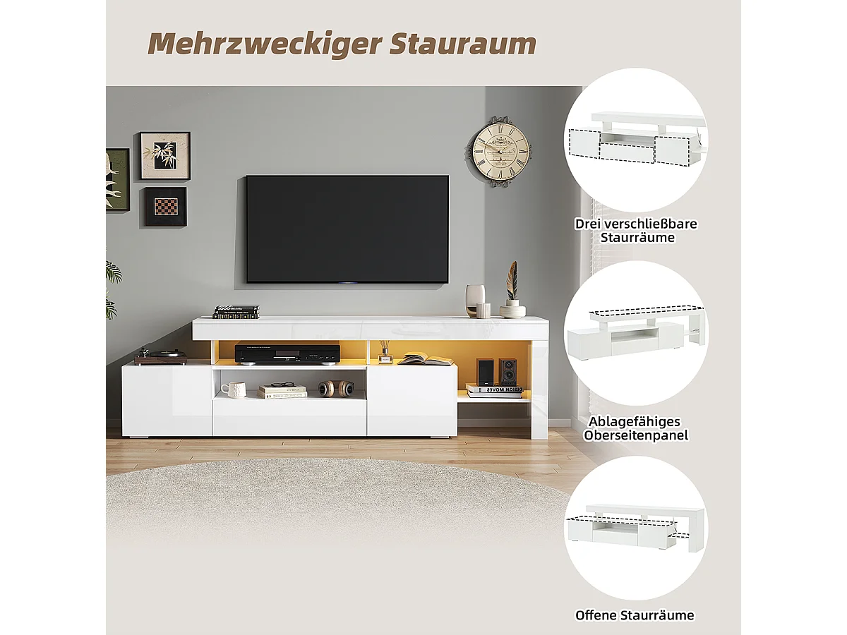 TV-Schrank mit LED und 3 Schränke TV-Tisch TV-Ständer für Fernseher um 85 Zoll 192*37*53cm Weiß