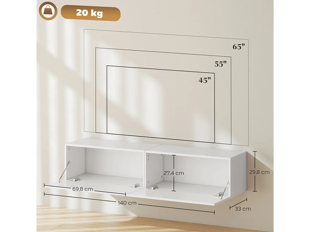 Wandmontierter TV-Schrank, schwebende TV-Kommode mit viel Ablagefläche und Stauraum TV-Ständer
