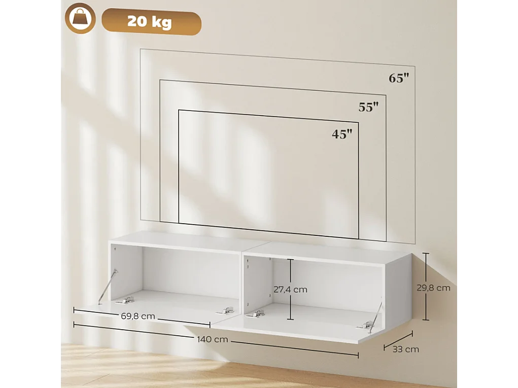 Wandmontierter TV-Schrank, schwebende TV-Kommode mit viel Ablagefläche und Stauraum TV-Ständer