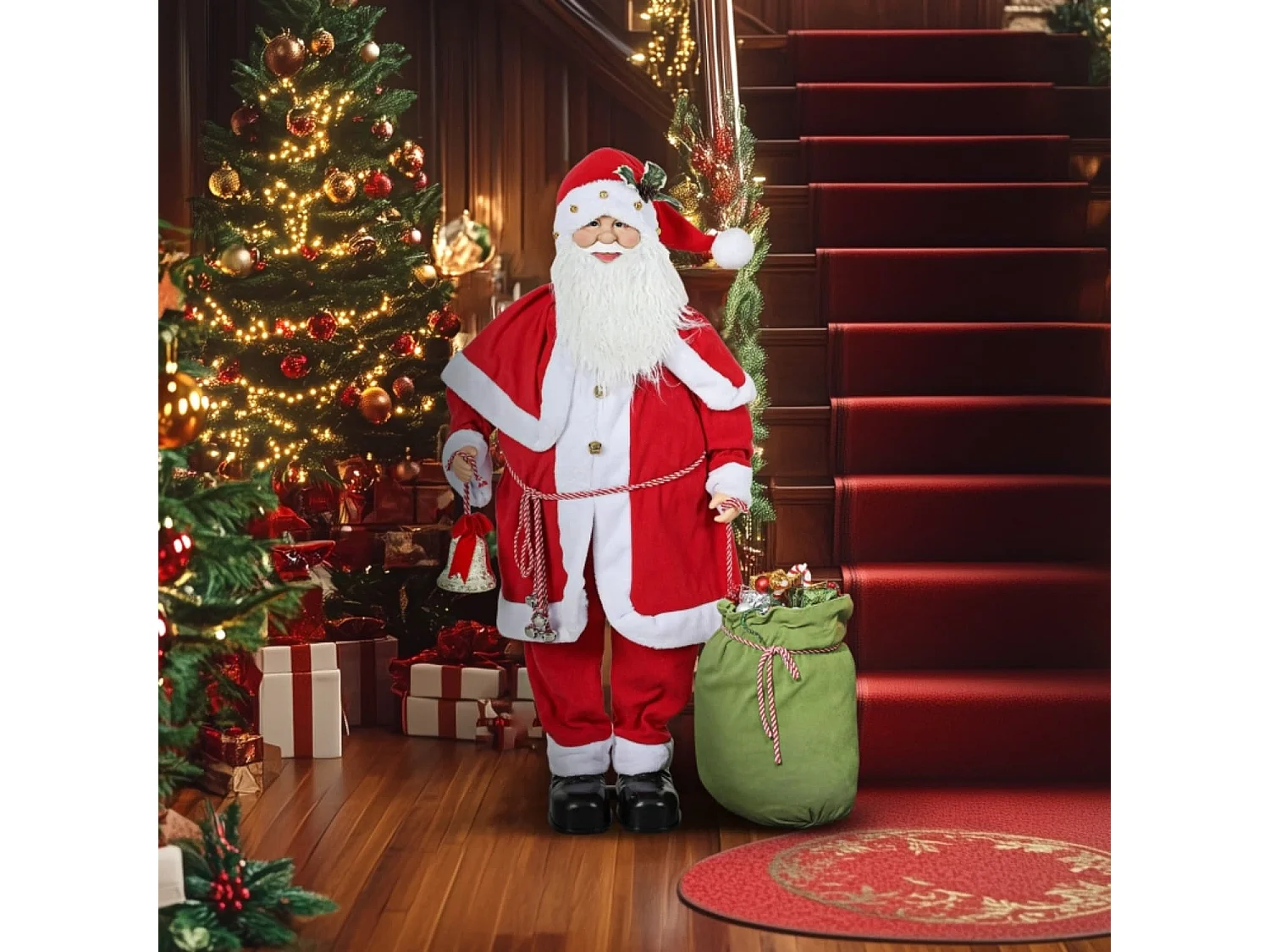 Weihnachtsmannfigur, beweglich, mit Geräuschsensor, Lachen & Musik, 140 cm, Rot