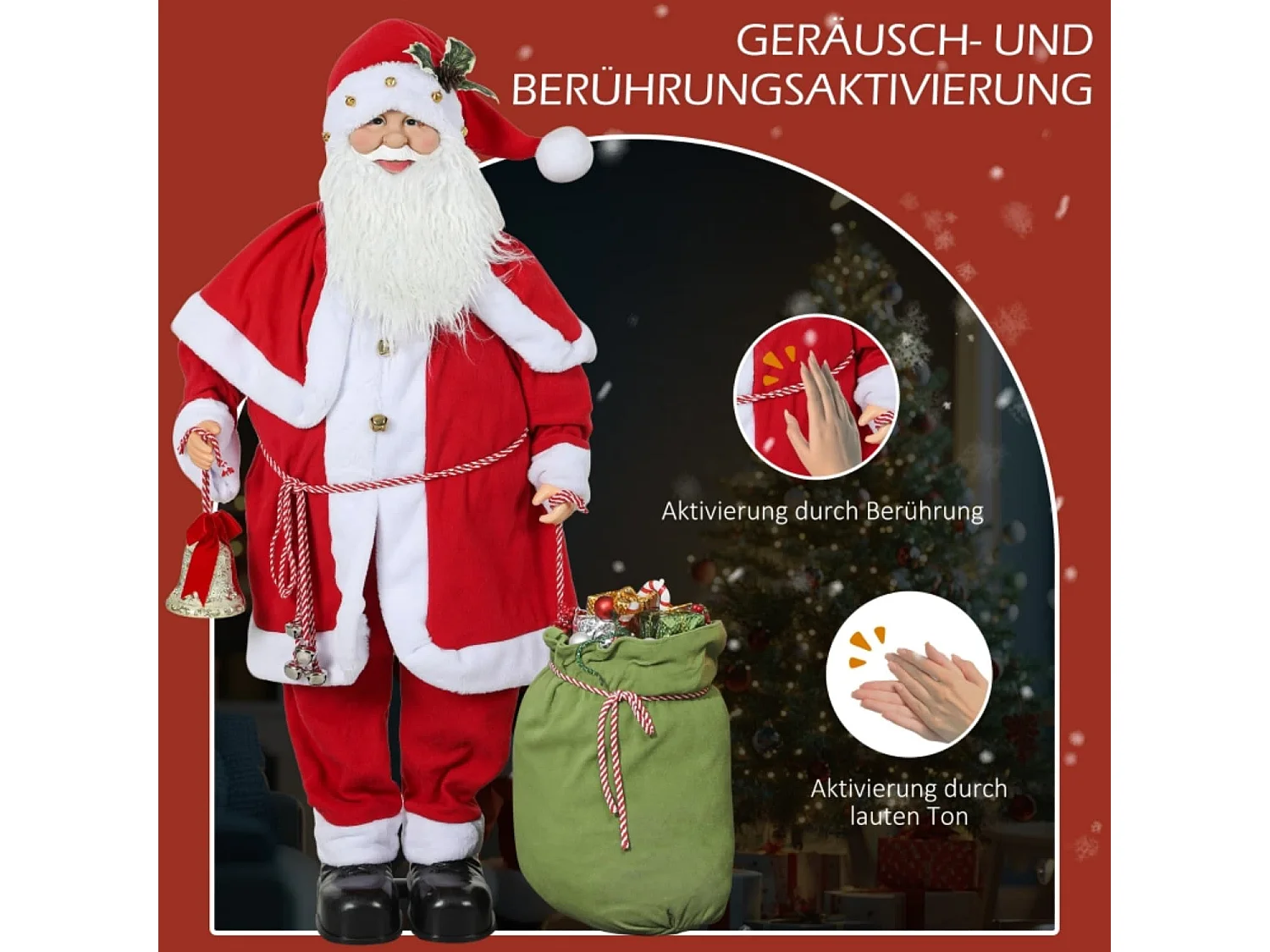 Weihnachtsmannfigur, beweglich, mit Geräuschsensor, Lachen & Musik, 140 cm, Rot