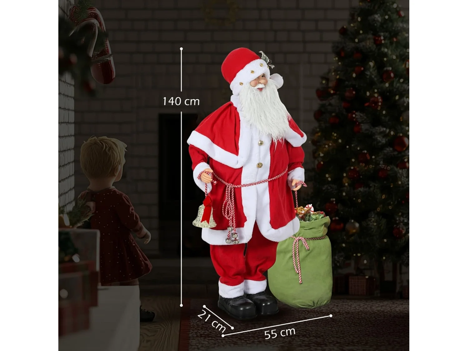 Weihnachtsmannfigur, beweglich, mit Geräuschsensor, Lachen & Musik, 140 cm, Rot