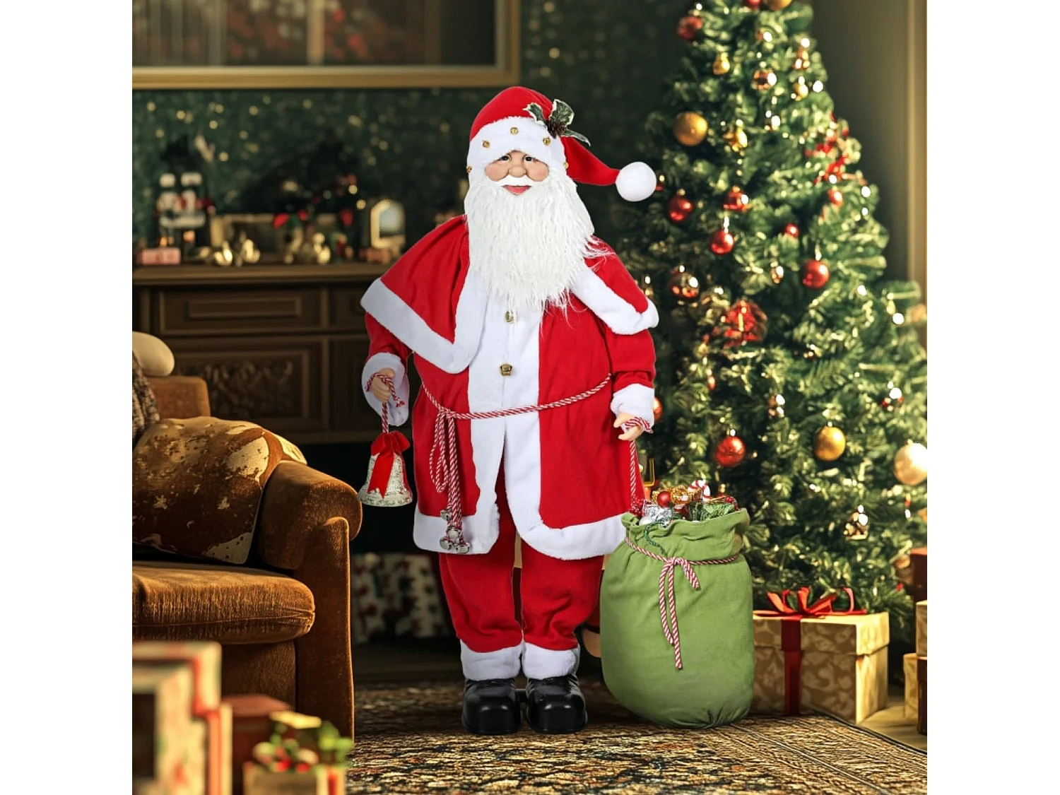 Weihnachtsmannfigur, beweglich, mit Geräuschsensor, Lachen & Musik, 140 cm, Rot