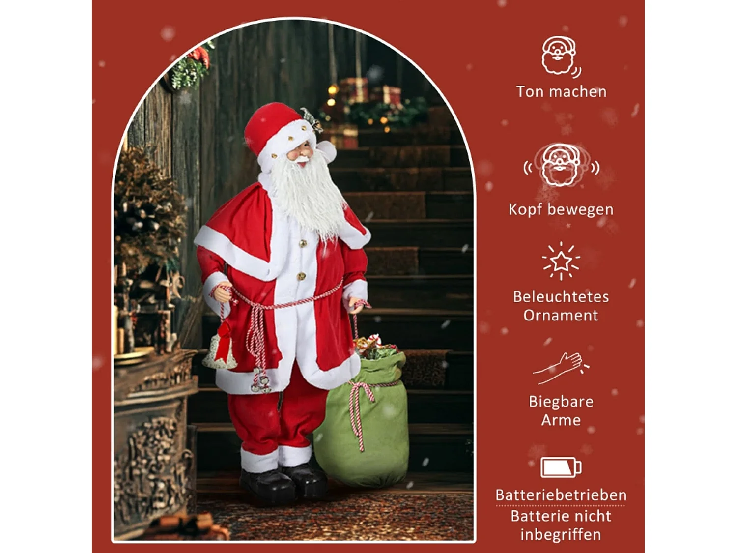 Weihnachtsmannfigur, beweglich, mit Geräuschsensor, Lachen & Musik, 140 cm, Rot