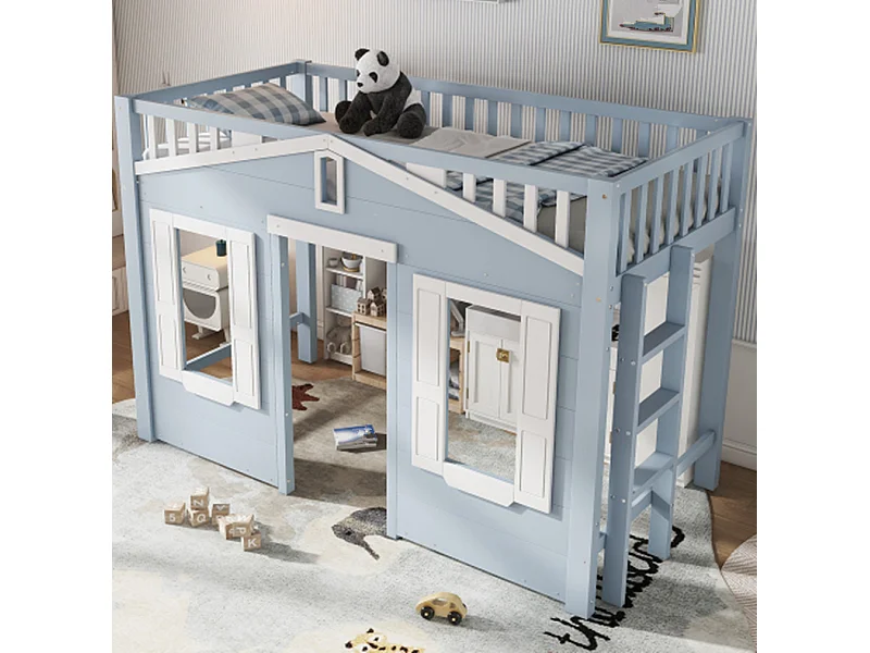 Hochbett, Kinderbett, Platz unter dem Bett für flexible Gestaltung, Schöne Fenstergestaltung,90x200cm