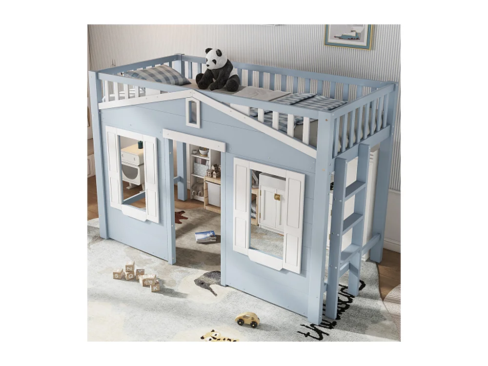 Hochbett, Kinderbett, Platz unter dem Bett für flexible Gestaltung, Schöne Fenstergestaltung,90x200cm