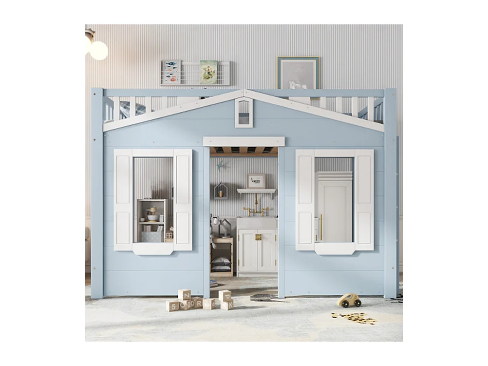 Hochbett, Kinderbett, Platz unter dem Bett für flexible Gestaltung, Schöne Fenstergestaltung,90x200cm