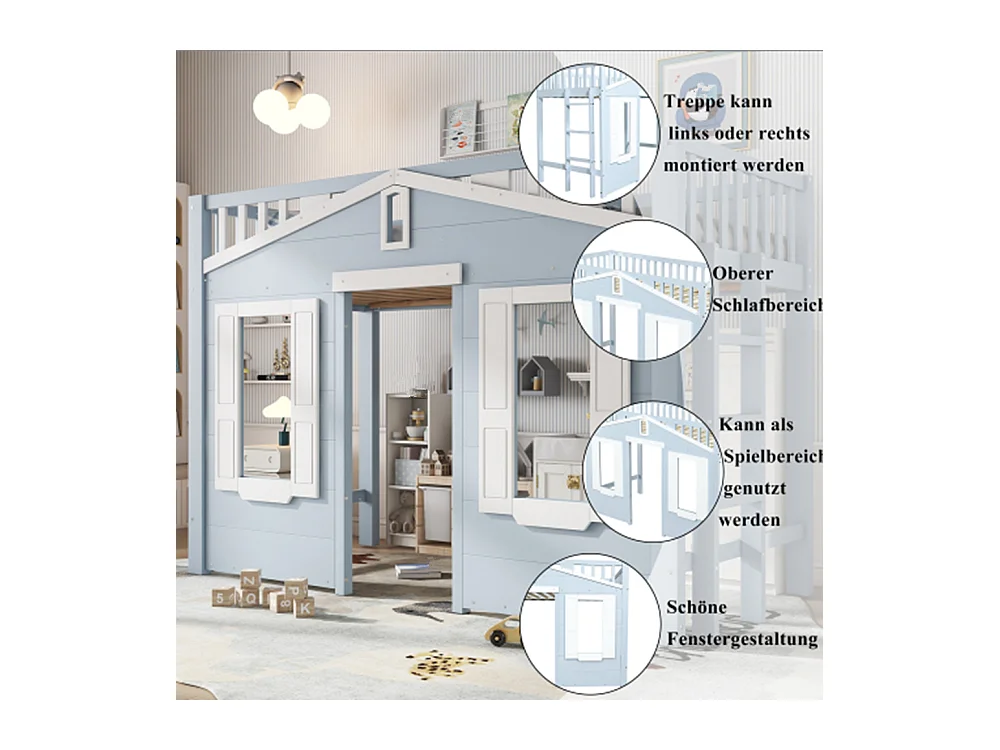 Hochbett, Kinderbett, Platz unter dem Bett für flexible Gestaltung, Schöne Fenstergestaltung,90x200cm