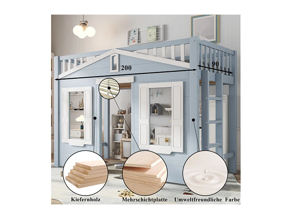 Hochbett, Kinderbett, Platz unter dem Bett für flexible Gestaltung, Schöne Fenstergestaltung,90x200cm