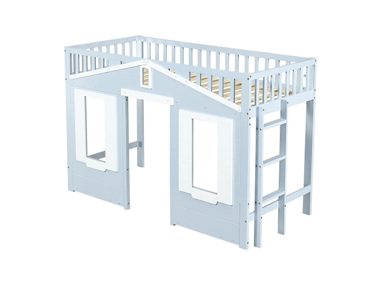 Hochbett, Kinderbett, Platz unter dem Bett für flexible Gestaltung, Schöne Fenstergestaltung,90x200cm