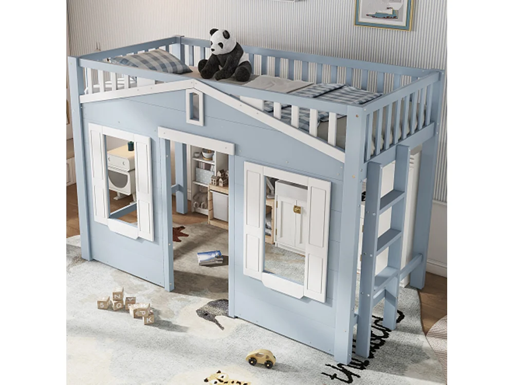 Hochbett, Kinderbett, Platz unter dem Bett für flexible Gestaltung, Schöne Fenstergestaltung,90x200cm