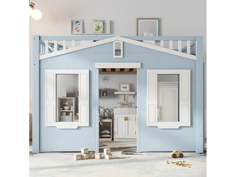 Hochbett, Kinderbett, Platz unter dem Bett für flexible Gestaltung, Schöne Fenstergestaltung,90x200cm