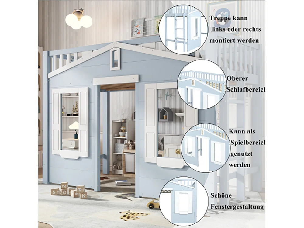 Hochbett, Kinderbett, Platz unter dem Bett für flexible Gestaltung, Schöne Fenstergestaltung,90x200cm