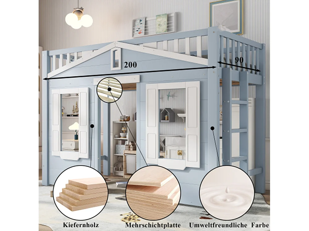 Hochbett, Kinderbett, Platz unter dem Bett für flexible Gestaltung, Schöne Fenstergestaltung,90x200cm