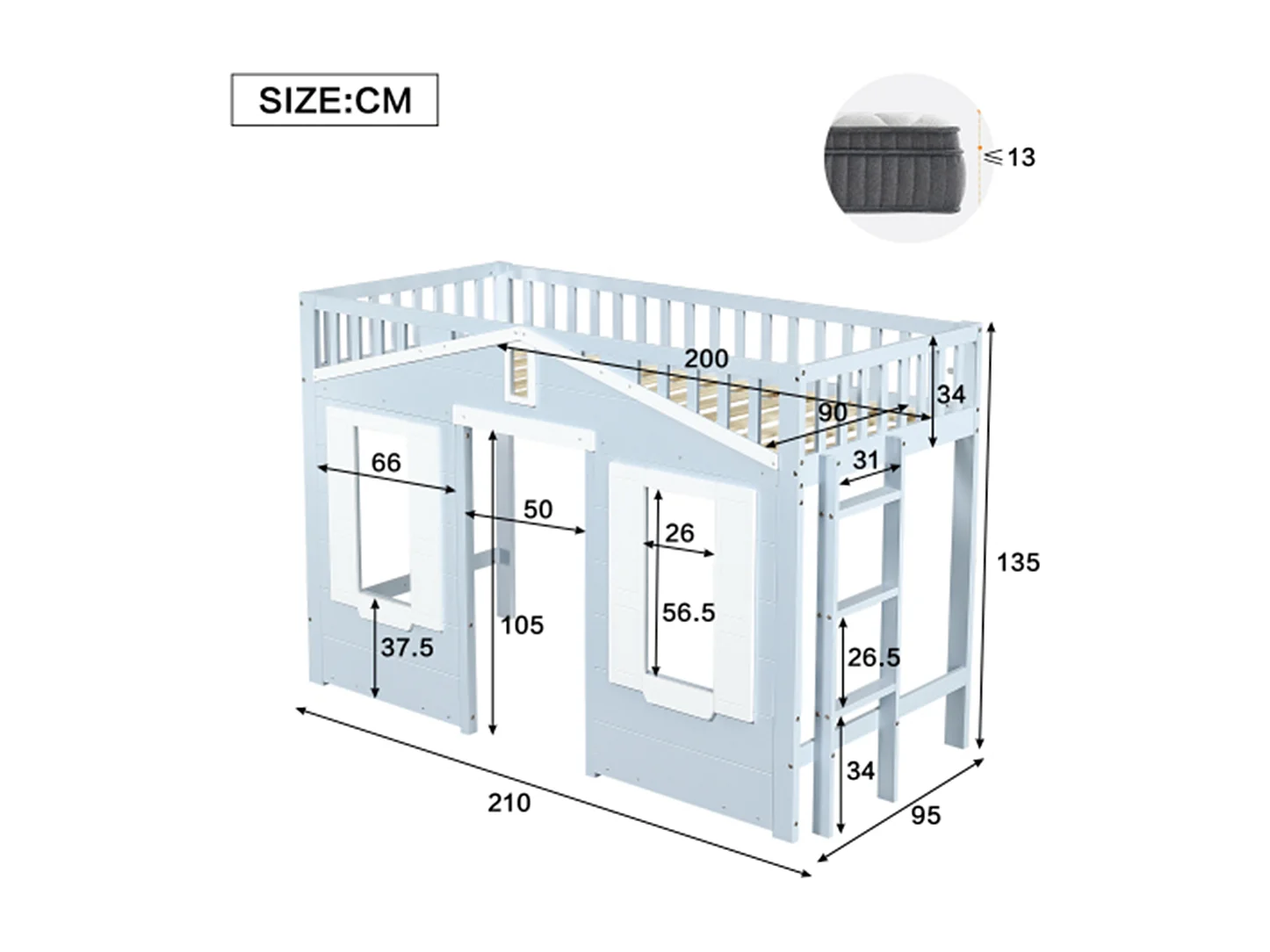 Hochbett, Kinderbett, Platz unter dem Bett für flexible Gestaltung, Schöne Fenstergestaltung,90x200cm