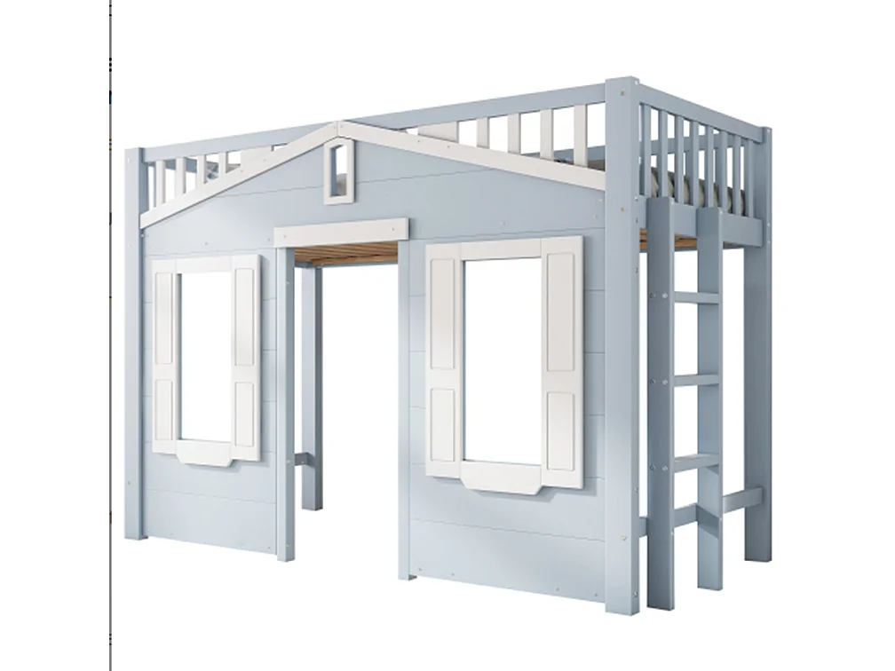 Hochbett, Kinderbett, Platz unter dem Bett für flexible Gestaltung, Schöne Fenstergestaltung,90x200cm