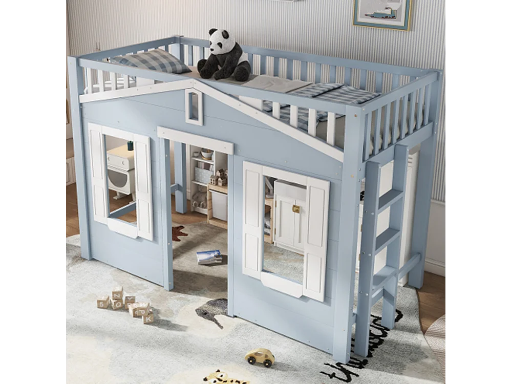 Hochbett, Kinderbett, Platz unter dem Bett für flexible Gestaltung, Schöne Fenstergestaltung,90x200cm