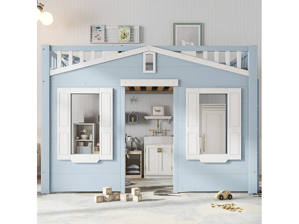 Hochbett, Kinderbett, Platz unter dem Bett für flexible Gestaltung, Schöne Fenstergestaltung,90x200cm