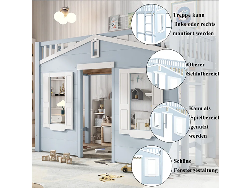 Hochbett, Kinderbett, Platz unter dem Bett für flexible Gestaltung, Schöne Fenstergestaltung,90x200cm