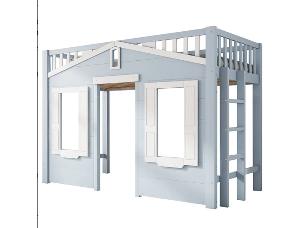 Hochbett, Kinderbett, Platz unter dem Bett für flexible Gestaltung, Schöne Fenstergestaltung,90x200cm