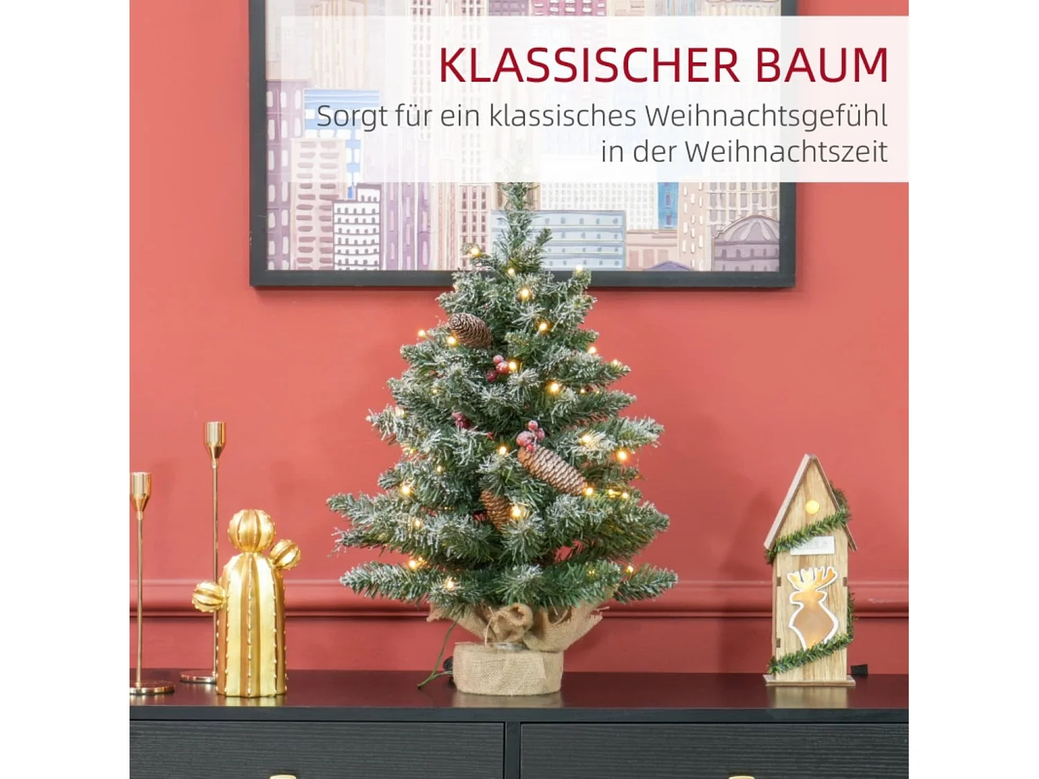 Weihnachtsbaum mit LED-Beleuchtung, 60 cm, Tannenzapfen und rote Beeren, inkl. Ständer, Grün/Weiß