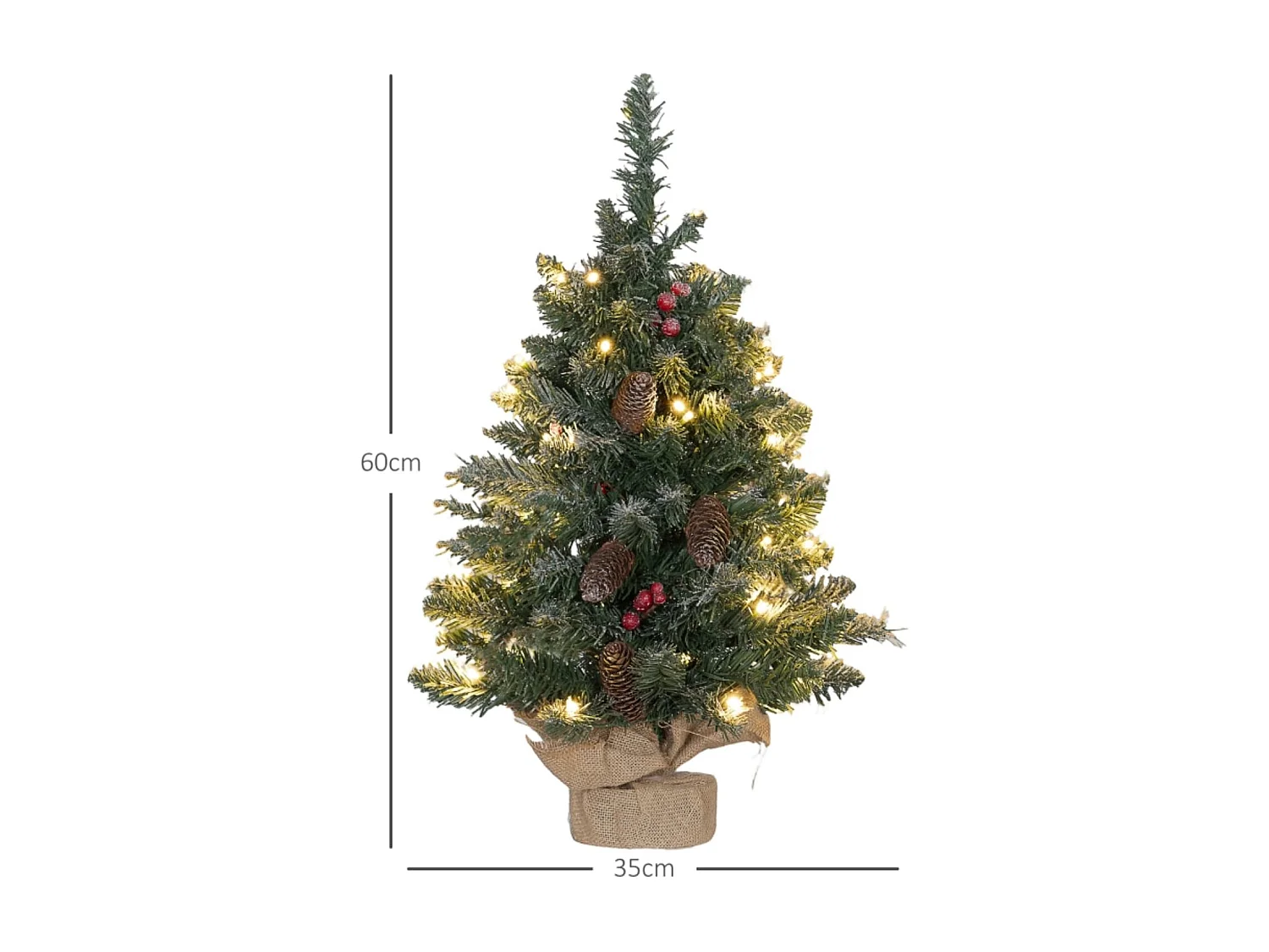 Weihnachtsbaum mit LED-Beleuchtung, 60 cm, Tannenzapfen und rote Beeren, inkl. Ständer, Grün/Weiß