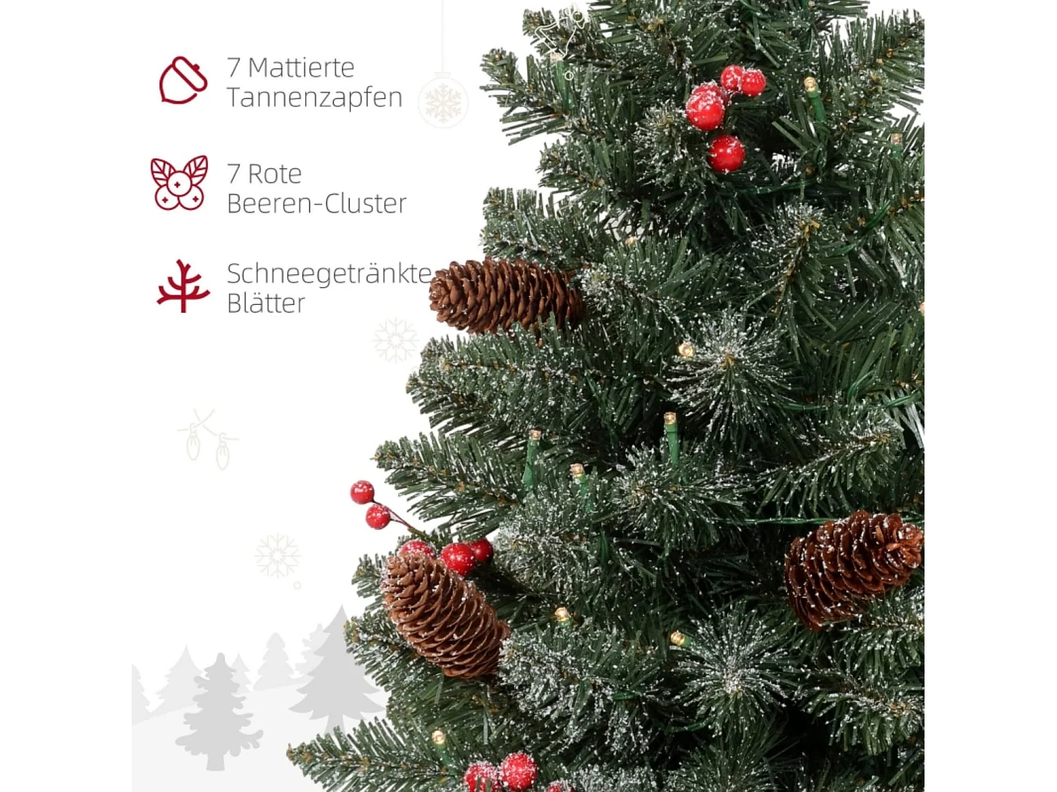 Weihnachtsbaum mit LED-Beleuchtung, 60 cm, Tannenzapfen und rote Beeren, inkl. Ständer, Grün/Weiß