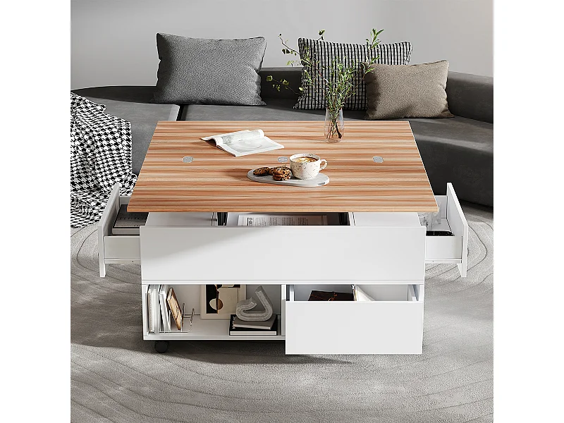 Couchtisch mit Rollen und Schubladen Anhebbarer Kaffeetische Wohnzimmertisch 100*50*52cm Weiß + Holzfarbe