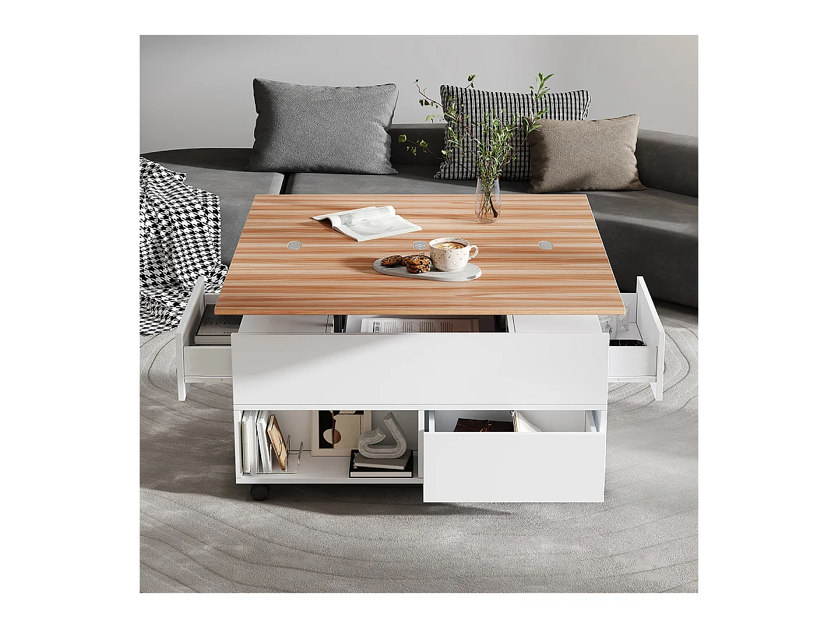 Couchtisch mit Rollen und Schubladen Anhebbarer Kaffeetische Wohnzimmertisch 100*50*52cm Weiß + Holzfarbe