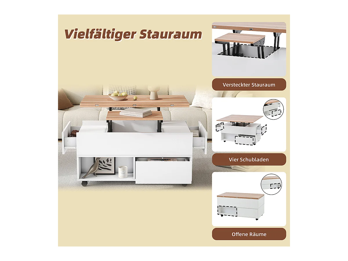 Couchtisch mit Rollen und Schubladen Anhebbarer Kaffeetische Wohnzimmertisch 100*50*52cm Weiß + Holzfarbe