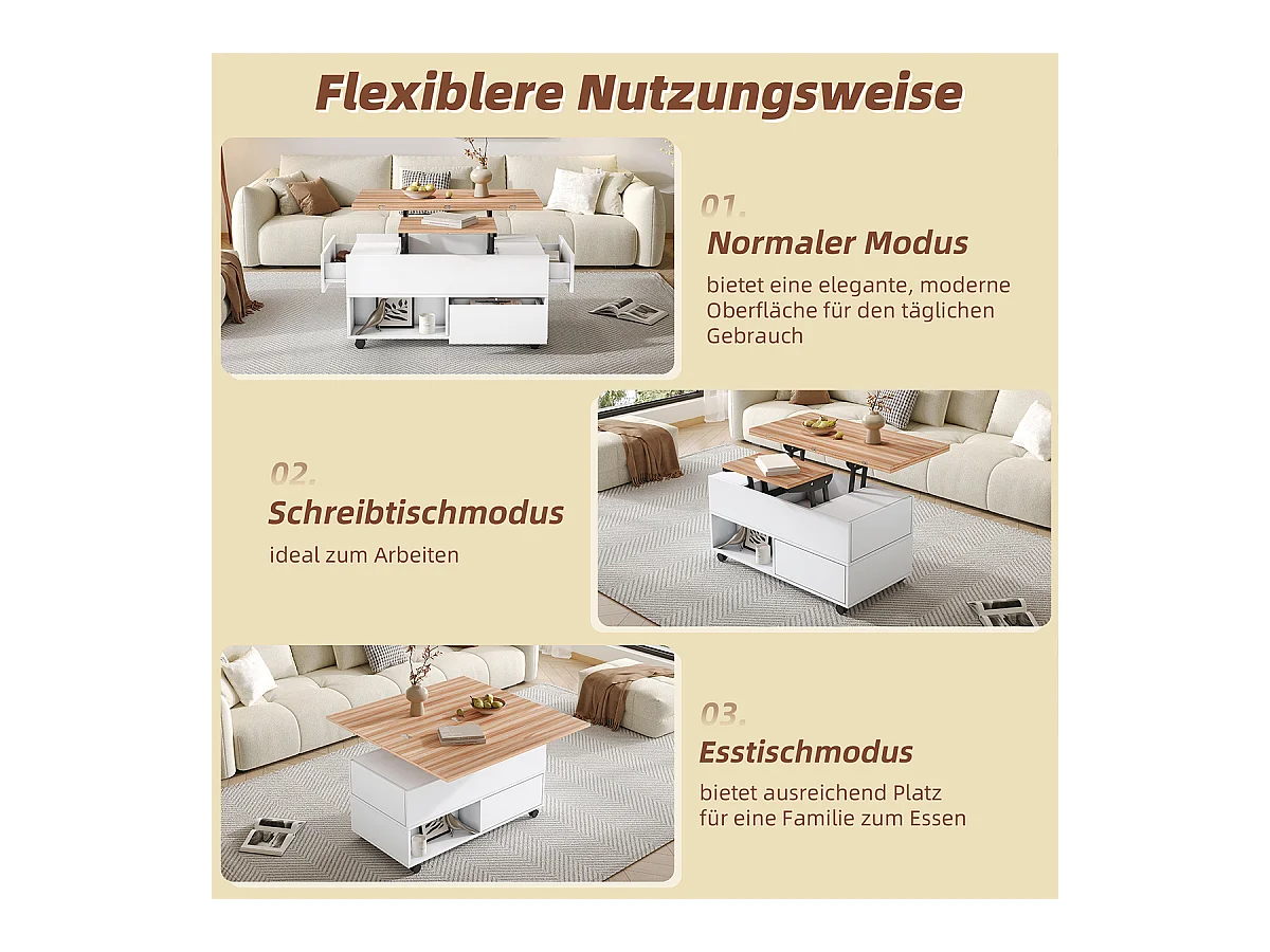 Couchtisch mit Rollen und Schubladen Anhebbarer Kaffeetische Wohnzimmertisch 100*50*52cm Weiß + Holzfarbe