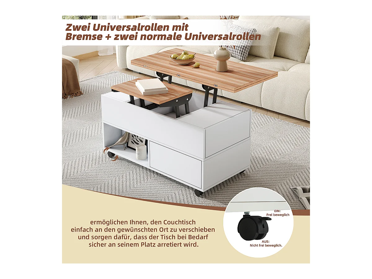 Couchtisch mit Rollen und Schubladen Anhebbarer Kaffeetische Wohnzimmertisch 100*50*52cm Weiß + Holzfarbe