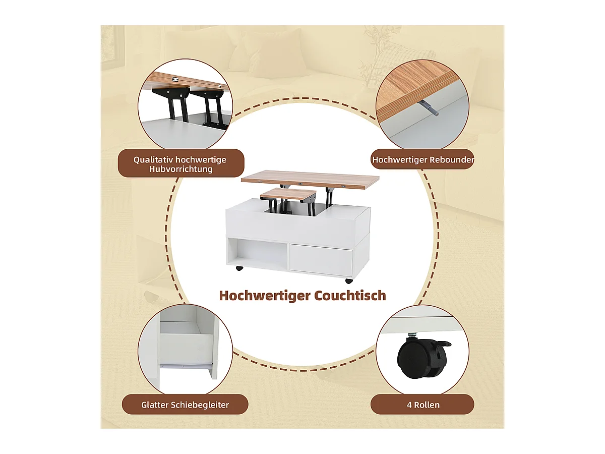 Couchtisch mit Rollen und Schubladen Anhebbarer Kaffeetische Wohnzimmertisch 100*50*52cm Weiß + Holzfarbe