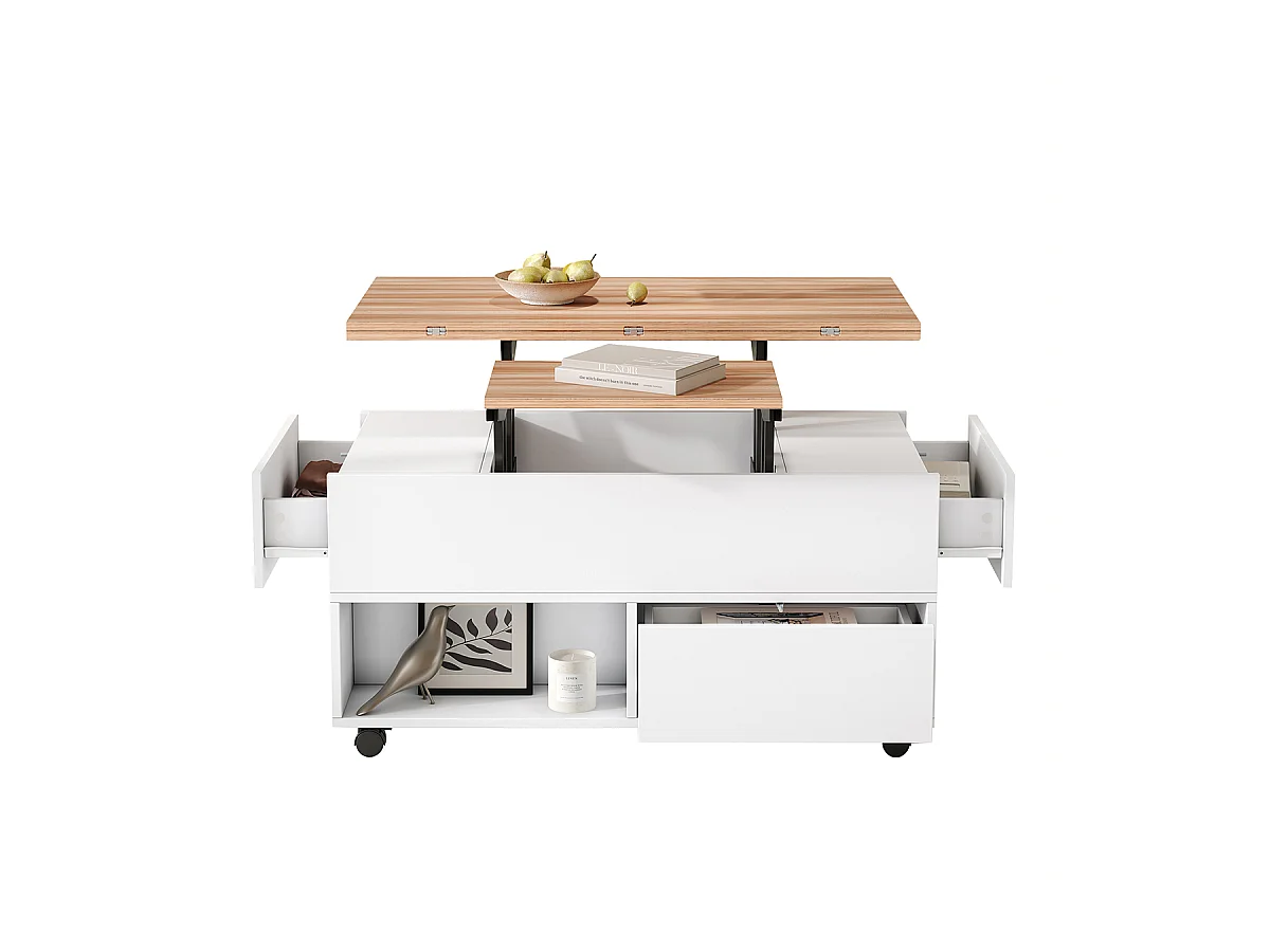 Couchtisch mit Rollen und Schubladen Anhebbarer Kaffeetische Wohnzimmertisch 100*50*52cm Weiß + Holzfarbe