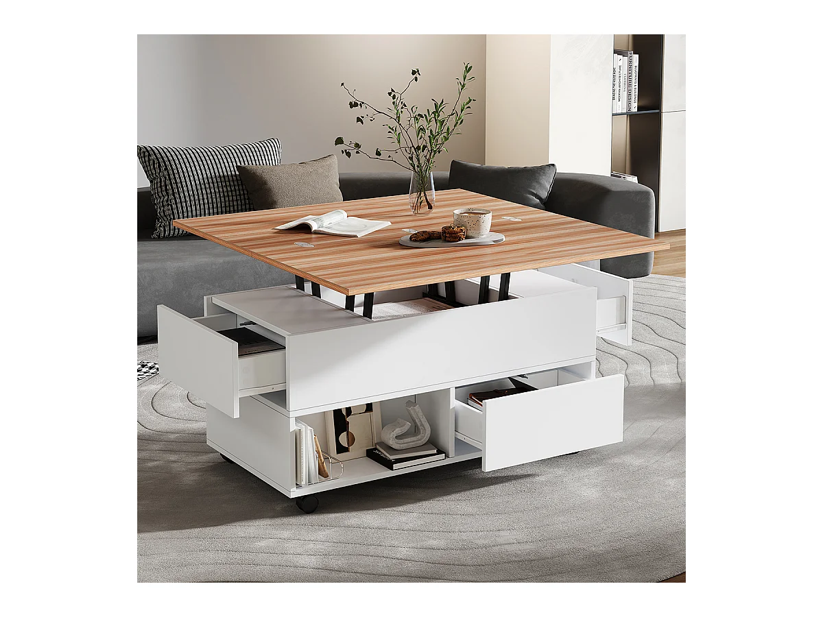 Couchtisch mit Rollen und Schubladen Anhebbarer Kaffeetische Wohnzimmertisch 100*50*52cm Weiß + Holzfarbe