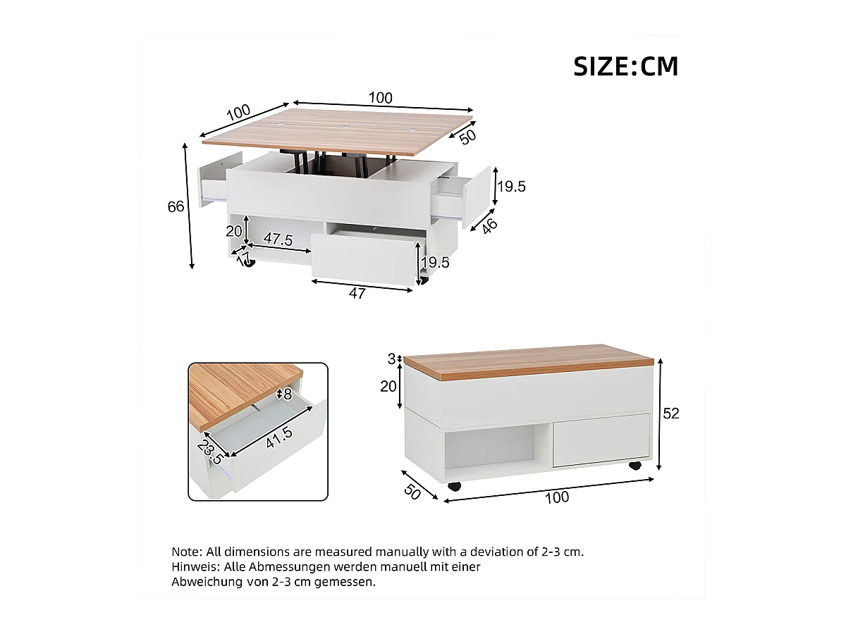 Couchtisch mit Rollen und Schubladen Anhebbarer Kaffeetische Wohnzimmertisch 100*50*52cm Weiß + Holzfarbe