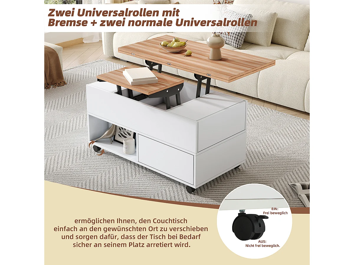 Couchtisch mit Rollen und Schubladen Anhebbarer Kaffeetische Wohnzimmertisch 100*50*52cm Weiß + Holzfarbe