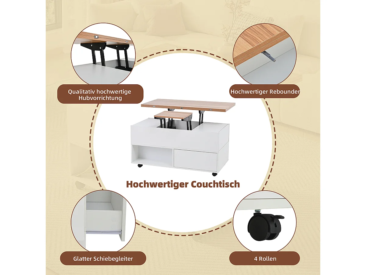 Couchtisch mit Rollen und Schubladen Anhebbarer Kaffeetische Wohnzimmertisch 100*50*52cm Weiß + Holzfarbe