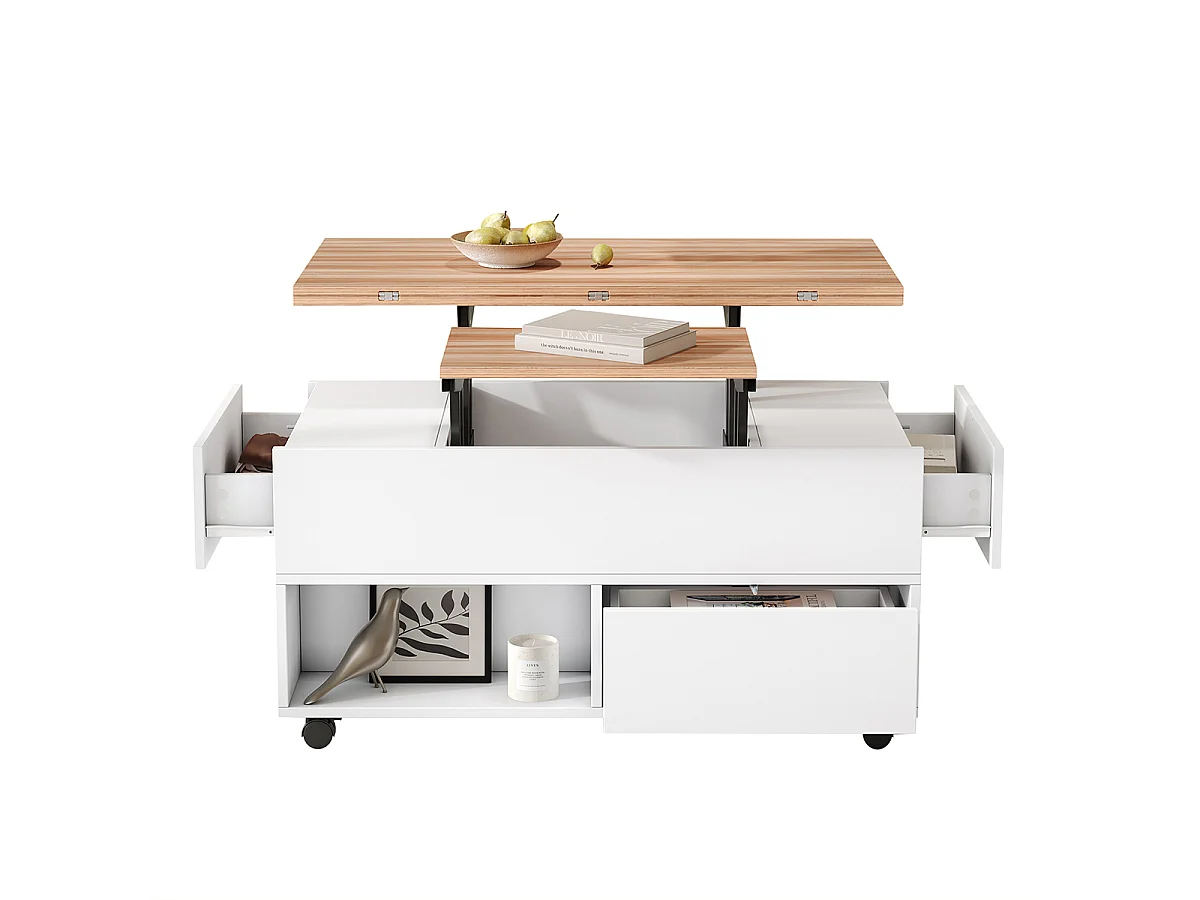 Couchtisch mit Rollen und Schubladen Anhebbarer Kaffeetische Wohnzimmertisch 100*50*52cm Weiß + Holzfarbe