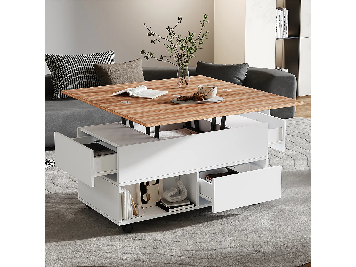 Couchtisch mit Rollen und Schubladen Anhebbarer Kaffeetische Wohnzimmertisch 100*50*52cm Weiß + Holzfarbe