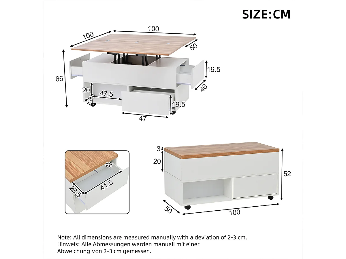 Couchtisch mit Rollen und Schubladen Anhebbarer Kaffeetische Wohnzimmertisch 100*50*52cm Weiß + Holzfarbe