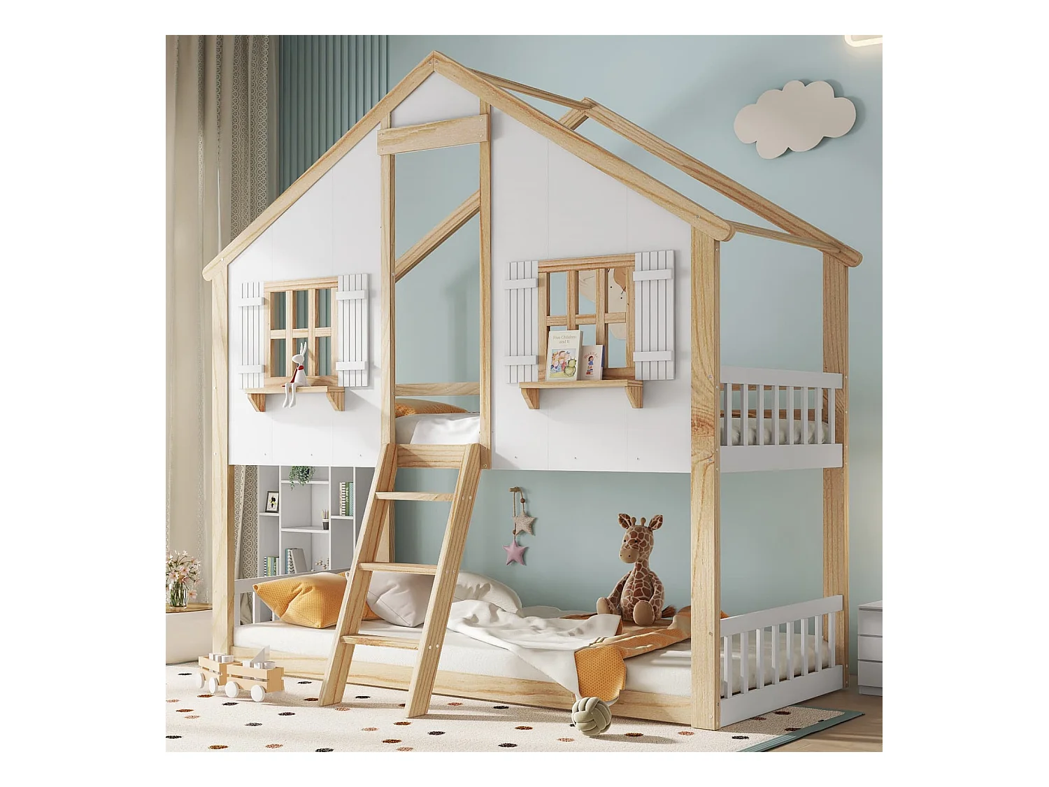 Etagenbett, Kinderbett, Schöne Fenster und Dach, Stabile Lattenroste, Seitliche Sicherheitsgeländer, Kiefer + MDF + Sperrholz, Weiß+Natur