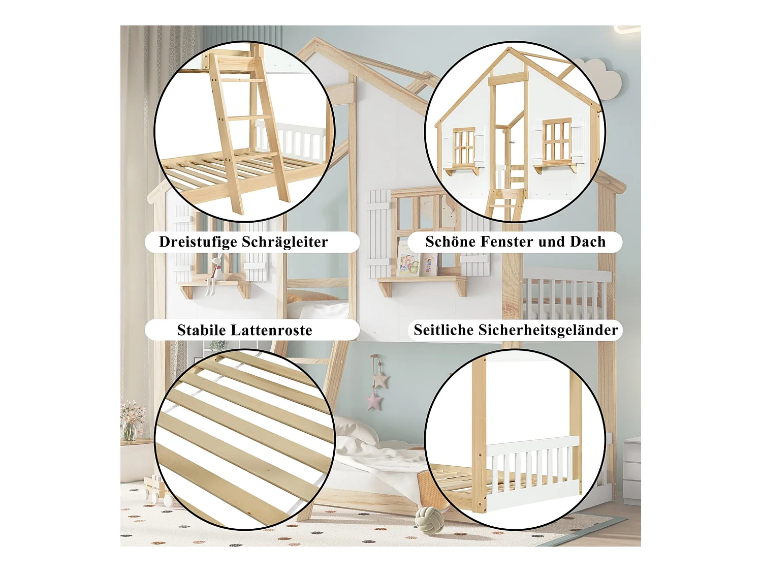 Etagenbett, Kinderbett, Schöne Fenster und Dach, Stabile Lattenroste, Seitliche Sicherheitsgeländer, Kiefer + MDF + Sperrholz, Weiß+Natur