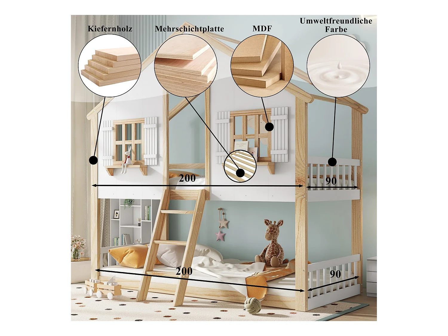 Etagenbett, Kinderbett, Schöne Fenster und Dach, Stabile Lattenroste, Seitliche Sicherheitsgeländer, Kiefer + MDF + Sperrholz, Weiß+Natur