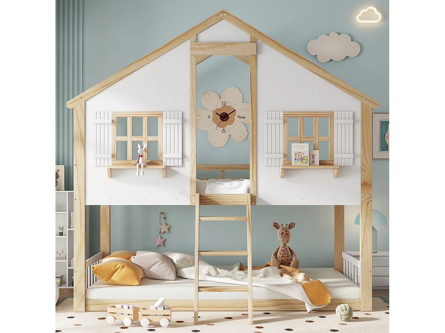 Etagenbett, Kinderbett, Schöne Fenster und Dach, Stabile Lattenroste, Seitliche Sicherheitsgeländer, Kiefer + MDF + Sperrholz, Weiß+Natur